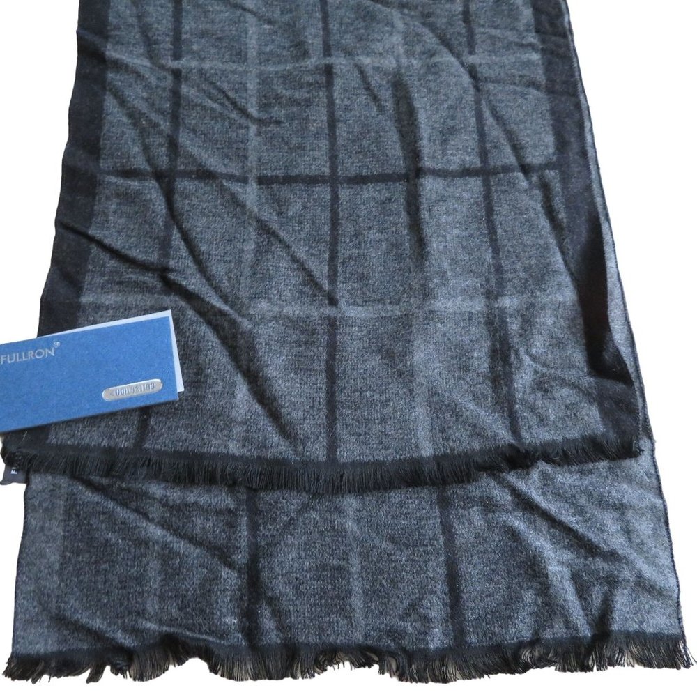Fullron Mens Neck Scarf Black Gray Plaid Fringe 70" x 12.5" New Old Stock